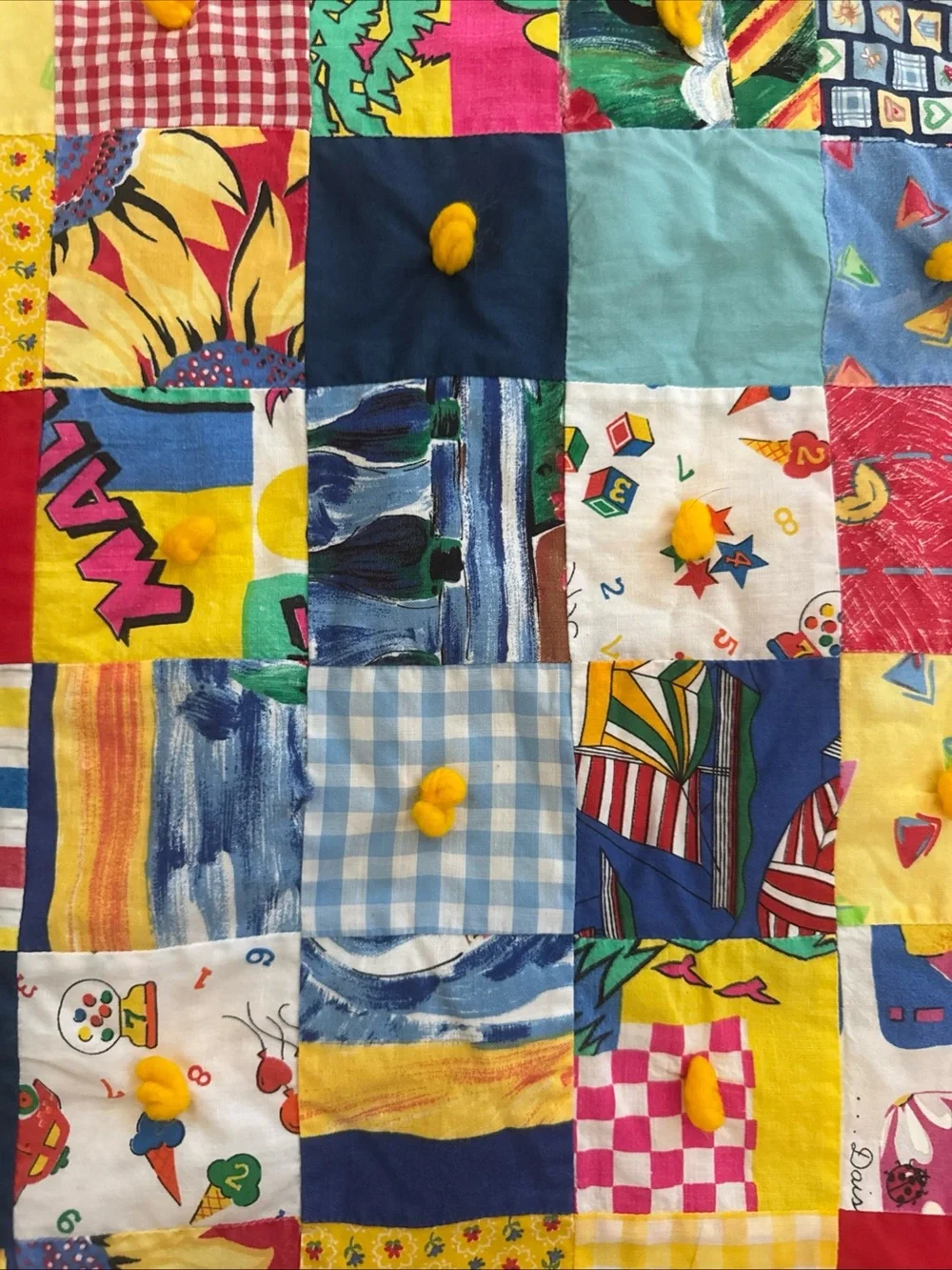 Vintage Handmade Crazy Quilt Baby Blanket 40x54 80s 90s Retro Bright Abstract